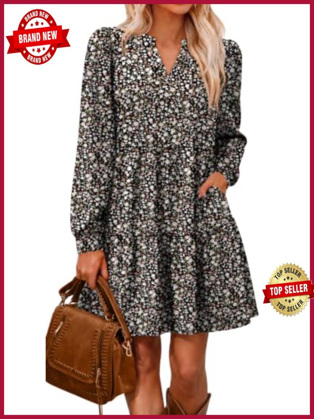V Neck Long Sleeve Tiered Swing Dress with Pockets Flowy Casual Midi